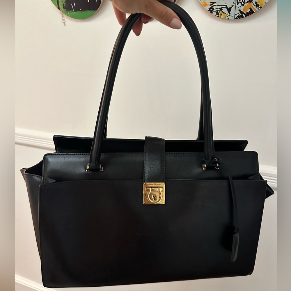 Salvatore Ferragamo Black Calfskin Gancio Shoulder Bag